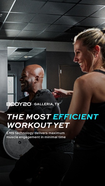 A vertical ad featuring a trainer helping a client in a gym setting with overlay text emphasizing workout efficiency through EMS technology.
